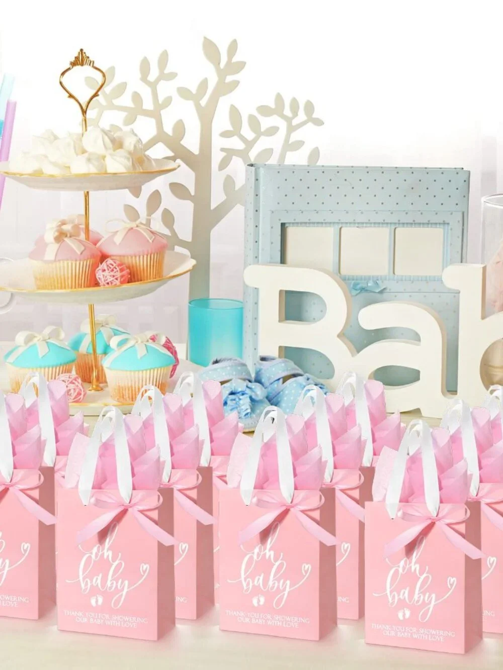 10 Pink Baby Shower Gift Bags with Tissue and Ties - 8.26x5.91x3.15 Inches